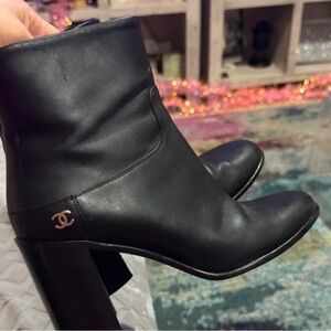 CHANEL Black Leather Ankle Booties with Rose Gold CC Accent